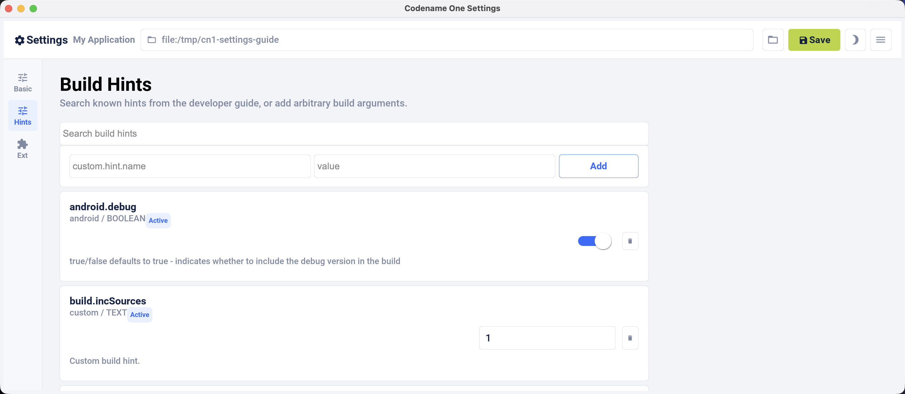 The Codename One Settings build-hint editor